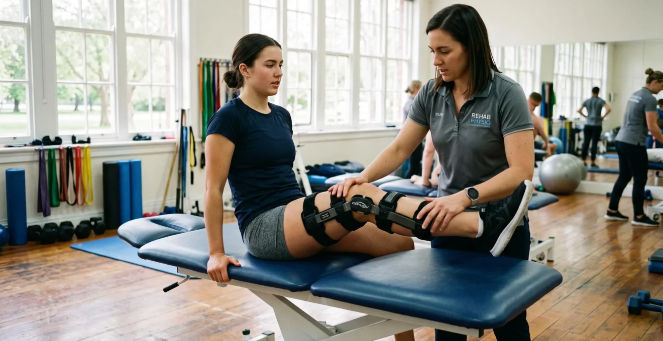 A physiotherapist guiding an athlete's knee rehabilitation exercise in a gym.
