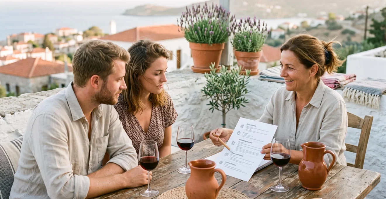 A villa concierge discusses a stay itinerary with a couple on a terrace.