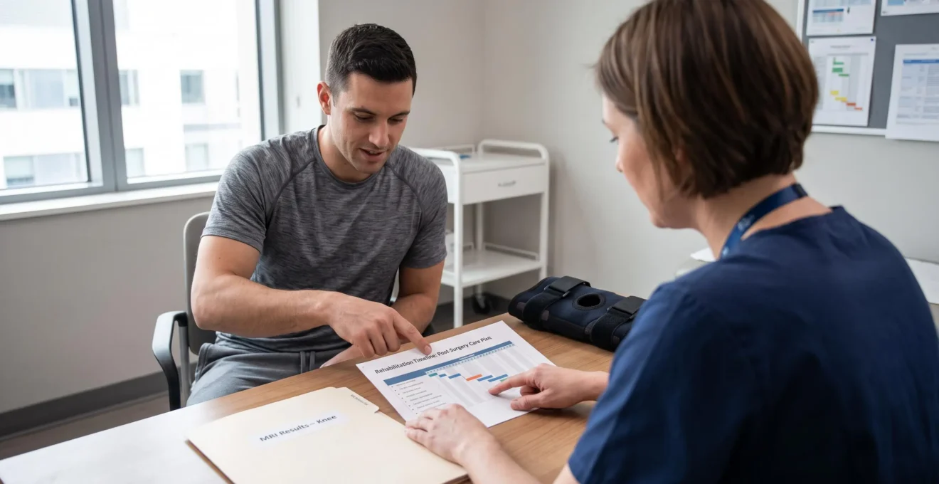 A care coordinator explaining a knee surgery journey plan to an athlete.