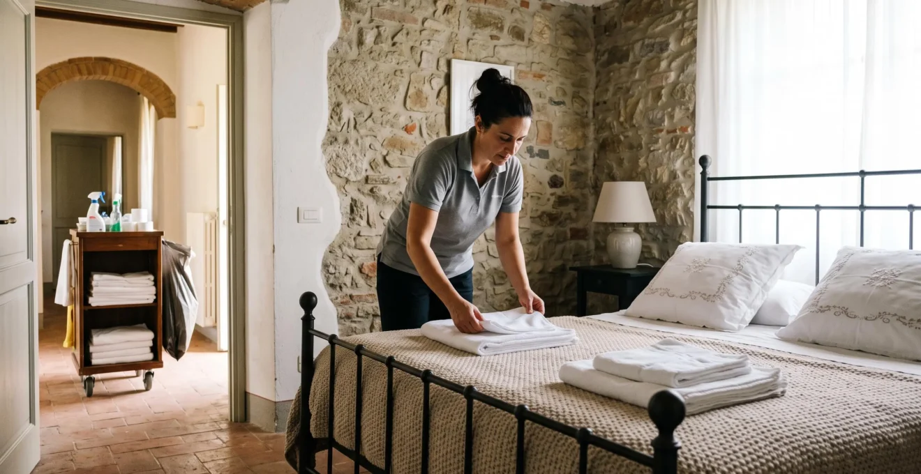 A housekeeper folds fresh linen in a French villa bedroom.