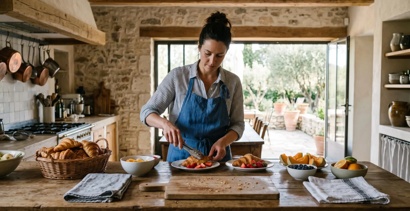 A private chef prepares breakfast in a French villa kitchen.