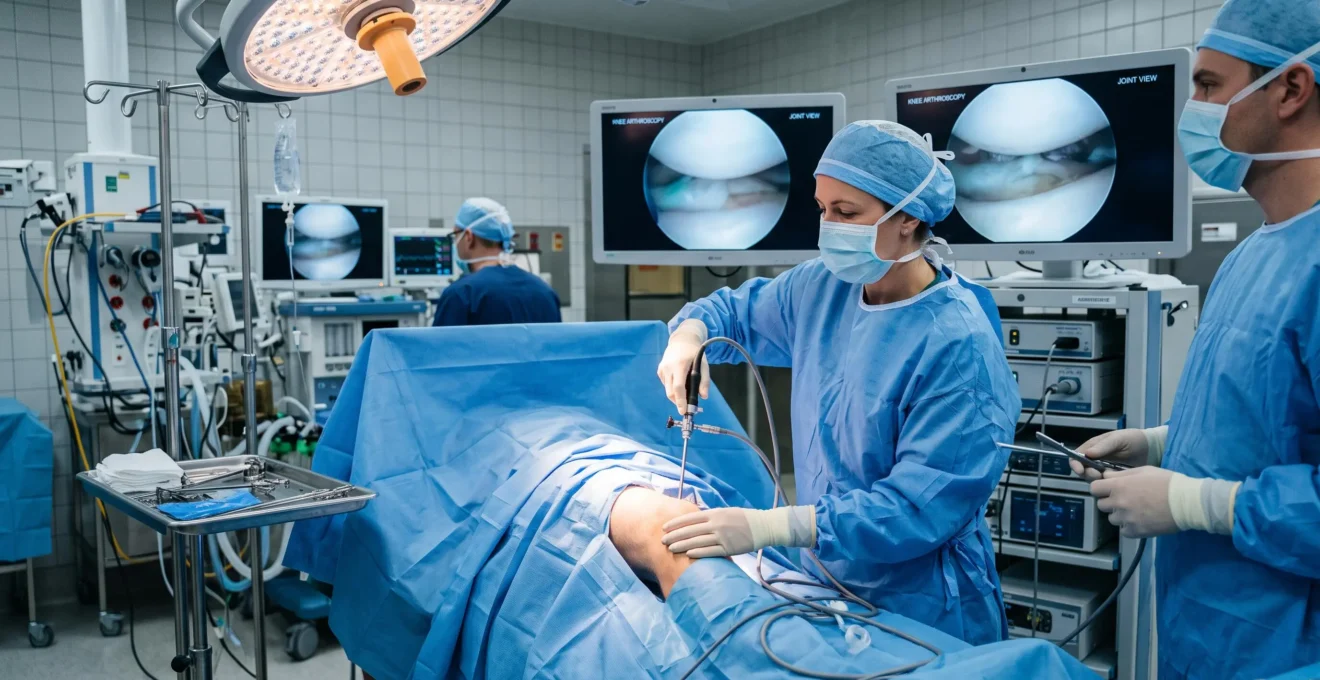A surgeon performing knee arthroscopy on an athlete in an operating room.
