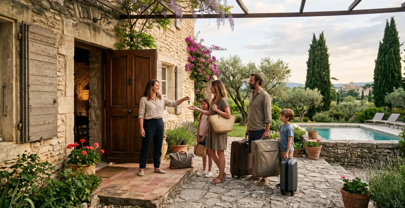 A villa host welcomes a family with luggage at a French villa entrance.