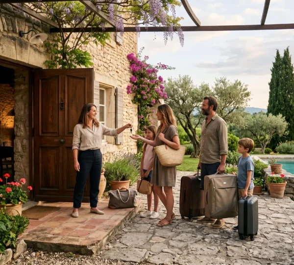 A villa host welcomes a family with luggage at a French villa entrance.